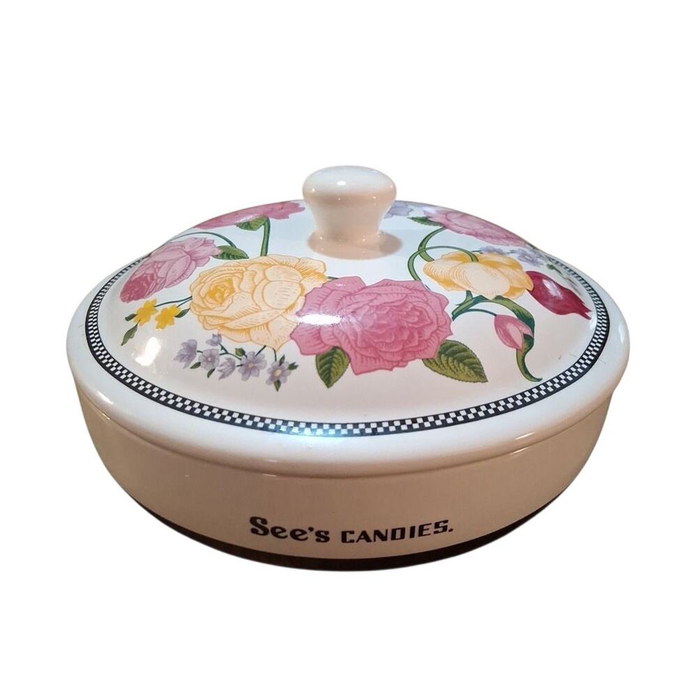 See's Candies Porcelain Floral Candy Dish & Lid‎ Roses Violets Mother's Day Gift